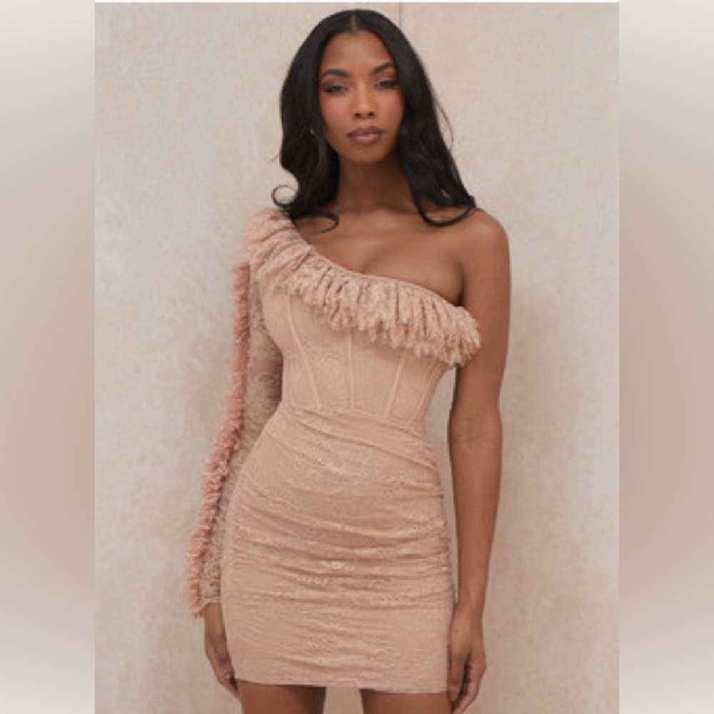 House of CB nude lace dress, size 6. New. Never worn. Sleeve does not stretch.